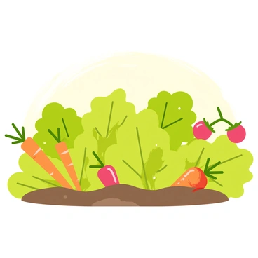 A lush patch of green vegetables including vibrant lettuce, bright orange carrots peeking through the soil, and plump red tomatoes hanging from their vines. Raindrops are gently falling onto the leaves, creating small splashes and adding a glistening effect to the surface. The background features a soft gradient of colors, enhancing the fresh and lively atmosphere of the vegetable garden.