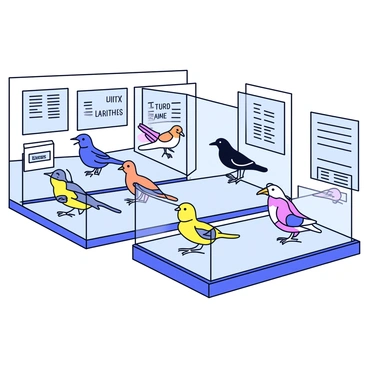 A museum exhibit featuring a variety of stuffed birds. The birds are displayed in glass cases, arranged neatly by genus. Each case contains a label with the genus name in bold letters. The birds are depicted in different poses, showcasing their unique colors and features. The background of the exhibit is a simple light color to highlight the birds. There are artfully arranged informational panels nearby, providing details about each genus and the characteristics of the birds displayed.