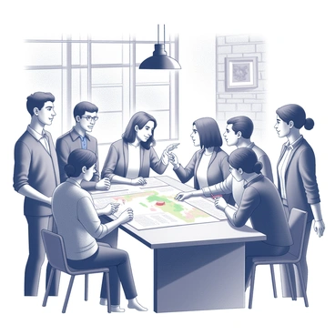 A group of diverse individuals, representing different ages and backgrounds, is gathered around a long wooden table. They are engaged in deep conversation, with papers and maps spread out in front of them. The atmosphere is illuminated by a single overhead lamp, casting shadows across their focused expressions. Some members are pointing at specific locations on the map, while others are writing notes or gesturing emphatically. The room has a rustic feel, with exposed brick walls and a few framed photographs adding a historical context. A sense of urgency and determination is evident in their body language as they plan their next steps.