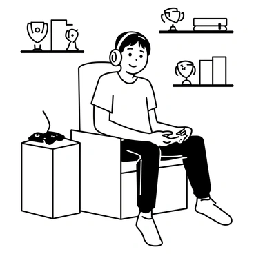 A man sitting in a cozy gaming chair, wearing a casual gaming outfit that includes a graphic t-shirt and comfortable joggers. He has headphones on, with a focused expression on his face. The background features some shelves with gaming trophies and posters. A gaming console and a controller are placed on a nearby table.