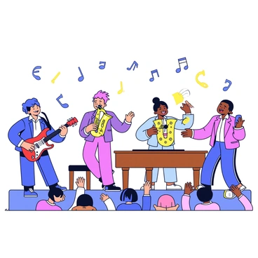 A lively concert scene with instruments and notes drawn in vector art
