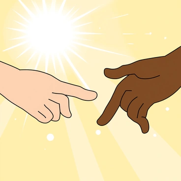 A close-up of two hands reaching out towards each other. One hand has light skin and is slightly outstretched, while the other hand has darker skin and appears to be gently moving closer. The fingers are almost touching, conveying a sense of connection. The background is bright, filled with warm sunlight casting soft shadows around the hands. There are small glimmers of light reflecting off the skin, adding a sense of warmth and positivity to the scene.