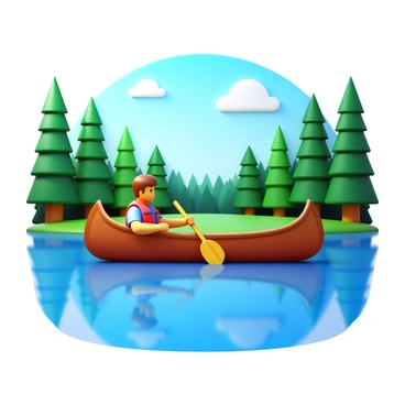 A person paddling a canoe on a tranquil lake surrounded by pine trees