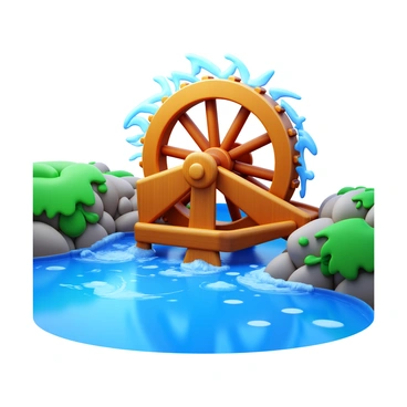 A traditional water wheel made of wood, with large wooden paddles, turning in a flowing river. The water splashes off the wheel as it rotates, creating a dynamic motion. The river is surrounded by lush green banks, with rocks and small plants lining the edges. Sunlight glints off the water's surface, highlighting the movement and energy generated by the wheel. Nearby, there are small ripples in the water reflecting the clear blue sky above.