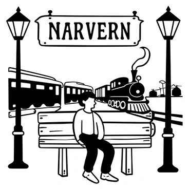 A vagabond dressed in tattered clothing is sitting on a wooden bench at an old train station. The bench shows signs of wear, with peeling paint and splintered wood. Surrounding the bench, there are vintage-style lampposts casting shadows in the fading light. In the background, a steam train is pulling away from the platform, releasing a plume of smoke into the air. Another train is arriving, creating a contrast of motion. Old signage hangs above, with faded letters indicating the station's name. The scene conveys a sense of solitude and transience.