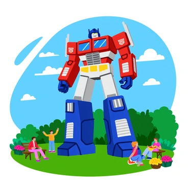 A giant "Optimus Prime" sculpture made of various recycled materials, including metal scraps, plastic bottles, and old electronics. The sculpture stands tall in the center of a community park, surrounded by green grass and colorful flower beds. Sunlight reflects off the shiny surfaces of the metal components, creating interesting highlights. Families with children play nearby, some pointing at the sculpture in awe, while others sit on benches enjoying the view. A blue sky with fluffy white clouds serves as a backdrop to this impressive installation.