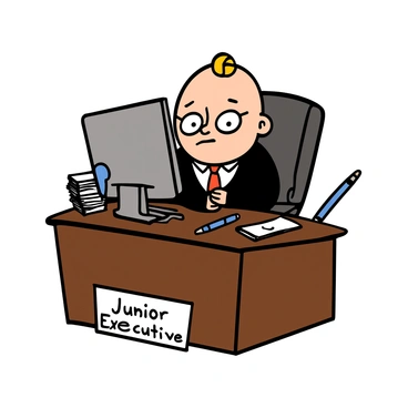 A baby with light skin and big eyes is sitting at a large office desk, wearing a miniature black suit with a white shirt and a tiny red tie. The desk is cluttered with oversized office supplies like a large pen and a stack of papers. The baby has a serious expression, furrowing their brows as they look at an oversized computer monitor in front of them. The chair is comically large compared to the baby’s small frame, enhancing the scene's humor. A small nameplate on the desk reads "Junior Executive."