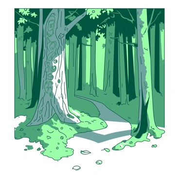 A narrow forest path winds through tall, green trees. On one side of the path stands a large, weathered tree covered in intricate carvings. The carvings consist of various symbols and initials, etched deeply into the bark by past visitors. Sunlight filters through the leaves above, casting dappled shadows on the ground. Soft moss blankets the base of the tree, adding a touch of lush green to the scene. A few fallen leaves are scattered along the path, creating a natural carpet.