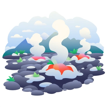 A series of geothermal steam vents are releasing white vapor into the air in a volcanic landscape. The ground is rocky and uneven, composed of dark lava flows and patches of light-colored ash. In the background, there are jagged volcanic mountains with a slight haziness from the steam, and a clear blue sky overhead. Pockets of green vegetation are scattered around the vents, contrasting with the barren terrain. The steam rises and swirls gently, creating an ethereal atmosphere in this rugged environment.