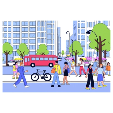 A busy street scene filled with various people engaged in different activities. There are pedestrians walking along the sidewalk, some are holding shopping bags while others are chatting. In the background, there are tall buildings with large windows reflecting sunlight. A couple of bicycles are parked near a lamppost. Trees line the street, providing some greenery. A red bus is driving down the road, with a few cars following behind. Street vendors are selling food from colorful carts. The atmosphere is bustling with energy and movement.