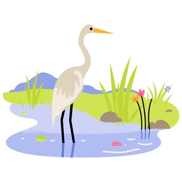A tall heron with long legs and a slender neck stands still in the shallow waters of a marsh. The heron's feathers are a mix of light gray and white, contrasting with the green reeds surrounding it. The water reflects the heron’s image and the soft ripples create a gentle texture. Small pebbles and patches of mud are visible beneath the clear water. The marsh is dotted with tall grasses and a few colorful wildflowers, adding a touch of vibrancy to the scene. The background features a hint of distant trees under a bright blue sky with a few fluffy clouds.