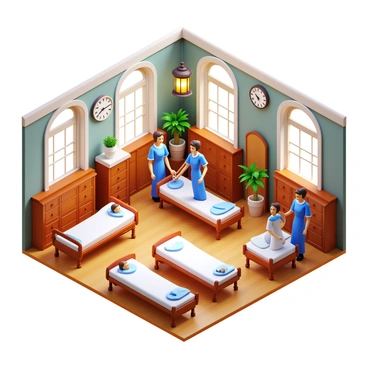 A vintage tuberculosis clinic scene featuring a large, ornate room filled with wooden furniture. There are several patients resting on hospital beds, wearing white gowns and surrounded by blankets. The walls are decorated with large windows that let in natural light, casting soft shadows on the floor. Nurses in period-appropriate uniforms are attending to the patients, holding medical instruments. A large clock on the wall shows the time, and there are potted plants placed near the windows to create a homely atmosphere. An old-fashioned lantern hangs from the ceiling, adding to the historical feel of the scene.