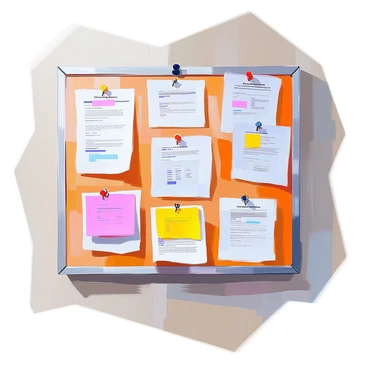 A bulletin board filled with various compliance regulatory updates and notices. Each notice is printed in clear text, displaying important information and deadlines. The board features a mix of colors, with some notices highlighted in bright yellow and red for emphasis. Small pushpins hold the papers in place, and a few notices are slightly wrinkled, indicating they have been there for some time. The background of the board is a wooden texture, providing a contrast to the colorful updates.