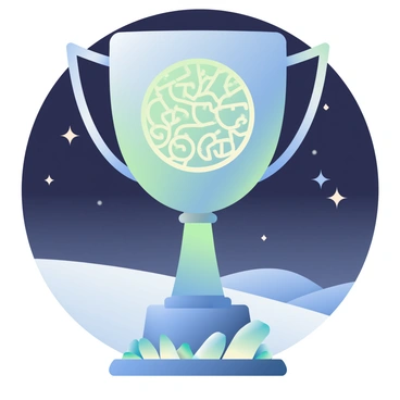 A science fiction trophy is displayed prominently in the center of the image. The trophy's surface is sleek and metallic, featuring intricate alien symbols engraved throughout its body. These symbols are illuminated with a soft green glow, enhancing the otherworldly appearance of the trophy. The base of the trophy is sturdy and decorated with small, luminescent crystals that emit a gentle blue light. The background features a deep black atmosphere, giving the impression of an extraterrestrial environment, with faint stars twinkling in the distance.