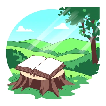 A green valley with rolling hills stretches out under a bright blue sky. In the foreground, there is a tree stump with a "Bible" resting openly on top. The pages of the "Bible" are slightly curled as if a gentle breeze has caught them. Surrounding the stump, sunbeams filter through the leaves of nearby trees, creating dappled light that falls onto the grass. The scene conveys a peaceful and tranquil atmosphere with softly illuminated patches on the ground.