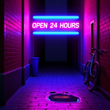 A vibrant neon light sign in bright pink and blue colors, shining prominently. The sign displays the words "Open 24 Hours" in a bold, dynamic font. The dark alleyway features wet cobblestone pavement reflecting the neon glow, with brick walls on either side. A small puddle captures the colorful light, enhancing the atmosphere. Shadowy silhouettes of urban elements, such as a trash can and a bicycle leaning against the wall, are visible in the background.