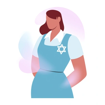 A young woman wearing a vintage dress is prominently featured in the image. She has a Star of David patch sewn onto her clothing, symbolizing her Jewish heritage and survival. The background consists of soft gradient pastel colors that evoke a sense of reflection and remembrance. The young woman's hair is styled simply, reflecting the era she represents. Her posture conveys resilience and strength, while the Star of David is clearly visible, emphasizing its significance in her life story.