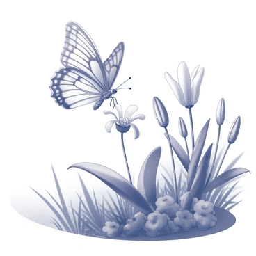 A butterfly with intricate wing patterns is descending towards a flower. The butterfly's wings are spread wide, showcasing their unique designs as it prepares to land. The flower is blooming, with multiple petals and a prominent center, surrounded by lush green foliage. The garden is filled with various plants, creating a rich texture in the composition. The sunlight casts delicate shadows on the scene, highlighting the natural beauty of the garden.