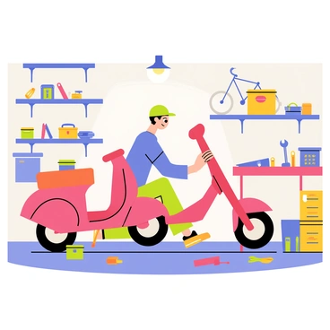 A person wearing a blue shirt and a green cap is kneeling next to a red scooter in a cluttered garage. The garage has walls adorned with shelves filled with various spare parts and tools. Wrenches, screwdrivers, and small containers with bolts and washers are scattered on a workbench nearby. The person is focused on adjusting the scooter's rear wheel with a wrench, and a bright overhead light illuminates the scene. Various colorful toolboxes are also visible, alongside a bicycle hanging from the ceiling.