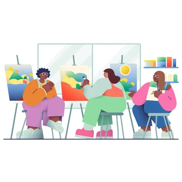 A diverse group of students is engaged in painting on canvases in a bright art classroom. Each student is holding a paintbrush, applying vibrant colors to their canvases. One student with short curly hair and glasses is focused on mixing shades of blue and yellow, while another with long straight hair is using bold red and green strokes. The canvases display unique creative expressions, including abstract shapes and landscapes. In the background, there are shelves filled with various art supplies, and bright natural light filters through large windows, illuminating the scene.