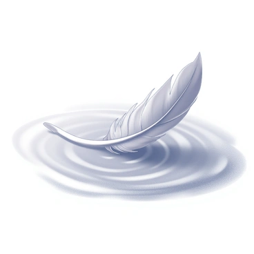 A single feather is gently resting on the surface of the ocean. The feather has a delicate shape with fine barbs extending outward. The ocean water is calm and smooth, creating a subtle ripple effect around the feather. The light reflects softly off the water's surface, enhancing the serene atmosphere. The feather appears isolated, surrounded by the vastness of the ocean.
