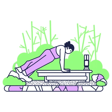 A person is performing dips on a wooden structure in a zen garden. The individual has a focused expression while engaging in the exercise. The wooden structure is sturdy, with a smooth finish, and is situated on a stone pathway. Surrounding the structure, there are neatly raked gravel patterns and strategically placed rocks, reflecting traditional zen garden design. In the background, there are slender bamboo stalks and lush greenery framing the serene setting. A small stone lantern is visible nearby, adding to the tranquility of the scene.