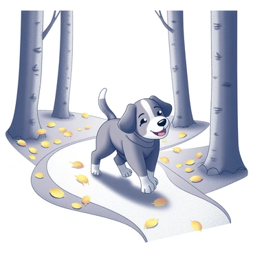 A cartoon dog wearing a warm jacket enjoying a walk through a forest of colorful fall leaves