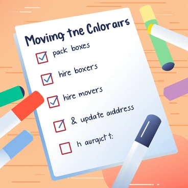 A close-up view of a notepad with a handwritten moving checklist. The checklist includes items such as "pack boxes," "hire movers," and "update address." Surrounding the notepad are colorful markers in various shades, including red, blue, green, and yellow. The markers are arranged in a semi-circle, with some lying on the table and others standing upright. The notepad has a wooden surface underneath, adding texture to the scene.