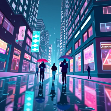 A bustling city street at night, illuminated by an array of colorful neon lights. The lights cast vibrant reflections on the wet pavement, creating a kaleidoscope of colors. Raindrops fall gently, adding a glossy sheen to the ground. High-rise buildings line the street, their windows glowing with warmth. A few pedestrians, holding umbrellas, walk briskly along the sidewalk, their silhouettes highlighted by the neon glow. The atmosphere is electric, with bright signs advertising various shops and restaurants in the background.