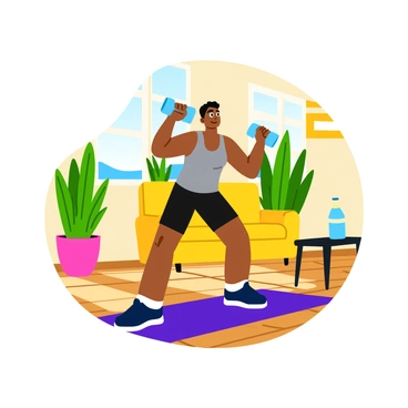A person performing reverse fly exercises in a bright and airy living room, surrounded by indoor plants. The individual is wearing a fitted gray tank top and black shorts, with focused expression and a slight bend in their knees. Their arms are extended out to the sides, holding a pair of light blue dumbbells. Sunlight filters through a large window, casting a warm glow on the hardwood floor. A yoga mat is positioned nearby, and a water bottle sits on a small table in the corner.