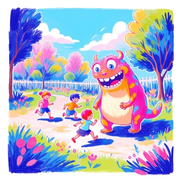A friendly monster with a large, round body and vibrant colors is playing with a group of children in a sunny park. The monster has big, expressive eyes and a wide, cheerful grin. The children, two boys and a girl, are laughing and running around, enjoying the playful atmosphere. The park is filled with green grass, colorful flowers, and a few trees providing shade. In the background, there is a blue sky with fluffy white clouds. The scene captures a joyful moment of friendship and fun.