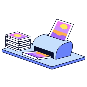 A photocopier with a sleek, modern design is located on a plain table. Paper emerges from the machine in a continuous stream, each sheet depicting an identical painting of a vibrant sunset. The paintings display hues of orange, pink, and purple, captured in a minimalistic style. The stack of paper beside the photocopier gradually rises, forming an endless tower of these unique sunset images.