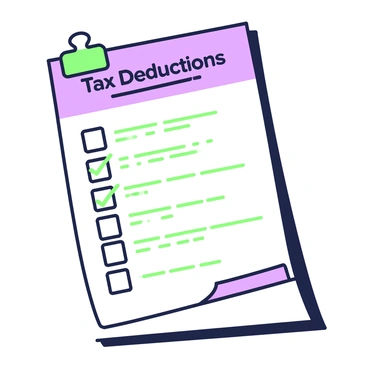 A checklist titled "Tax Deductions" is displayed on a white sheet of paper. The title is centered at the top in bold text. Below the title, there are several rows with checkbox icons, and all boxes are checked. Each checked box is accompanied by a brief description of different tax deduction categories, written in clear, readable font. The sheet is slightly tilted to the right, with a green outline around the paper, highlighting the checklist. A green clip is visible at the top left corner of the paper, securing it to a flat surface.