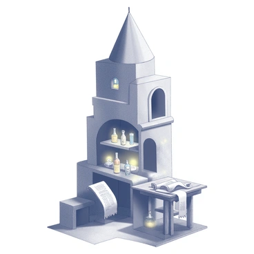 A tall, crooked wizard’s tower filled with glowing potions and ancient scrolls