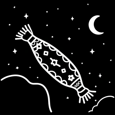 A flying carpet gliding through a dark night sky, with intricate patterns woven into its fabric. The carpet is adorned with tassels at its corners, fluttering in the wind. Behind it, a trail of shimmering "ohr" sparkles is left in its wake, illuminating the path. Stars are scattered across the sky, adding to the magical atmosphere of the scene. In the distance, a crescent moon casts its light, enhancing the enchanting journey.