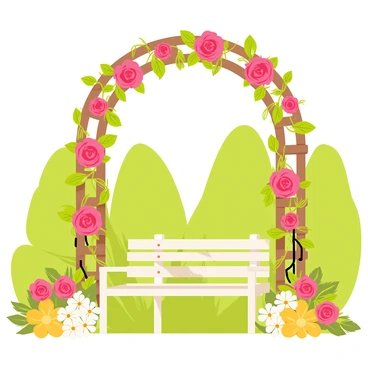 A romantic garden arbor made of wooden lattice structures, entwined with vibrant pink and red blooming roses. The roses have lush green leaves, and some are in full bloom while others are just beginning to open. Soft sunlight filters through the petals, casting gentle shadows on the ground. Clusters of white and yellow flowers surround the base of the arbor, adding diversity to the scene. A delicate wooden bench is placed beneath the arbor, inviting visitors to sit and enjoy the view of the flowers. The background features tall green hedges that frame the arbor, enhancing the intimate feel of the garden space.