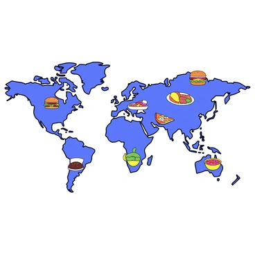 A world map showing the outlines of each continent. On each continent, there are illustrations of iconic dishes representing the local cuisine. For North America, there is a drawing of a hamburger, while South America features a bowl of colorful ceviche. Europe showcases a slice of pizza, and Africa displays a plate of jollof rice. Asia is represented by a bowl of ramen, and Australia features a depiction of a meat pie. Each illustration is vibrant and clearly identifiable, placed strategically on the respective continent to highlight its cultural significance.