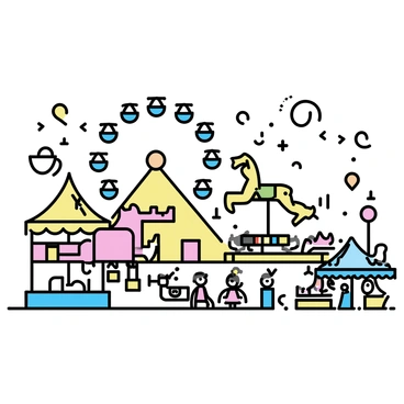 A carnival scene featuring a large, colorful Ferris wheel towering over the landscape. Surrounding the Ferris wheel are several vibrant rides, including a spinning teacup ride and a carousel with ornate horses. The ground is bustling with happy crowds of people, including children and adults, enjoying the festivities. Brightly colored tents displaying games and prizes are positioned throughout the scene. Colorful balloons are floating in the air, adding to the lively atmosphere.