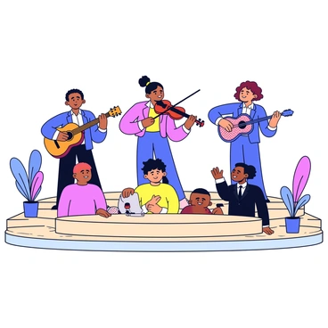 A trio of musicians stands on a wooden stage. The first musician plays an acoustic guitar with a sunburst finish. The second musician plays a violin with a glossy varnished body. The third musician is playing a hand drum with a decorative pattern. The audience is diverse, showing engaged expressions, with some members clapping and others swaying to the music. The stage has light wooden planks, and there are subtle decorations like small potted plants along the edges.