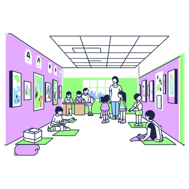 A school hallway features numerous pieces of students' artwork displayed along the walls. On one side, colorful canvas paintings are framed and hung at varying heights, showcasing different artistic styles. Nearby, there are several three-dimensional art projects placed on wooden pedestals. The floor is lined with soft mats where students can sit and view the art. In the background, groups of students gather and discuss the artwork, while a teacher stands nearby, providing guidance and encouragement. Natural light streams in through windows, illuminating the vibrant displays.
