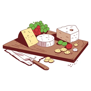 A wooden rustic cheese board is presented on a textured linen tablecloth. The board is laden with an assortment of cheeses, including a round creamy cheese, a wedge of sharp cheese, and a block of aged cheese, each with differing textures. There are clusters of green and red grapes scattered around the cheeses, adding a touch of freshness. Various types of crackers, including round and rectangular shapes, are elegantly arranged next to the cheeses. A small knife with a wooden handle rests beside the cheeses, ready for serving.
