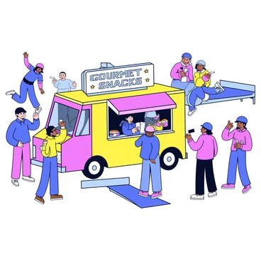 A food truck painted in bright colors is parked near a skate park. The truck has a large sign that says "Gourmet Snacks" in bold letters. Several skaters, wearing helmets and vibrant clothing, are gathered around the food truck, chatting and laughing. Some skaters are holding wrapped sandwiches and drinks, while others are waiting in line. In the background, there are ramps and rails where skaters are performing tricks. The atmosphere is lively as the sun casts soft shadows on the ground.