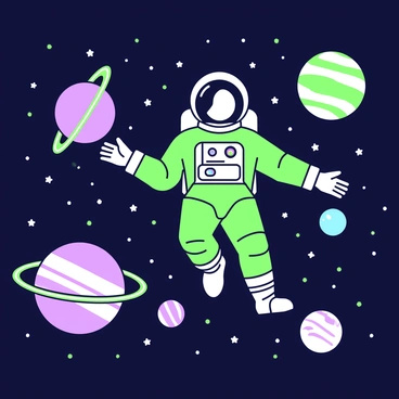 An astronaut is floating in the vastness of space, wearing a detailed space suit with a prominent helmet. The astronaut is positioned in the center of the image, with arms outstretched. Around the astronaut, several planets of varying sizes are visible, each with distinct features such as rings and surface textures. A multitude of stars twinkles in the surrounding darkness, creating a sense of depth and distance. The overall composition showcases the astronaut's journey through the cosmos amidst celestial bodies.