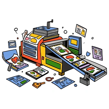 A large printing press with metallic parts whirring and moving is actively engaged in producing stacks of illustrated magazines. The press has vibrant colors and intricate mechanisms visible, showing a flurry of activity. A conveyor belt carries freshly printed magazines emerging from the press, with colorful illustrations on their covers. The surrounding area is filled with scattered sheets and tools related to the printing process, emphasizing the industrious environment.