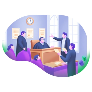 A 19th-century courtroom scene featuring a judge sitting at a large, wooden bench, wearing a black robe and spectacles. In front of the judge, two lawyers stand, one gesturing emphatically with a stack of documents in hand, while the other points towards the judge, making a case. The courtroom is filled with wooden pews occupied by spectators, with some leaning forward in interest. Ornate details adorn the walls, such as framed legal documents and a large clock above the judge. Light filters through tall windows, casting a soft glow on the scene.