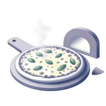 A freshly baked pizza is positioned on a wooden pizza peel. The crust is golden and crispy, with bubbling cheese that melts invitingly on top. Fresh basil leaves are scattered across the surface, creating a vibrant contrast. The pizza is steaming slightly, indicating its warmth. An oven in the background has its door slightly open, revealing a glowing interior. A pizza cutter rests nearby, ready for use.