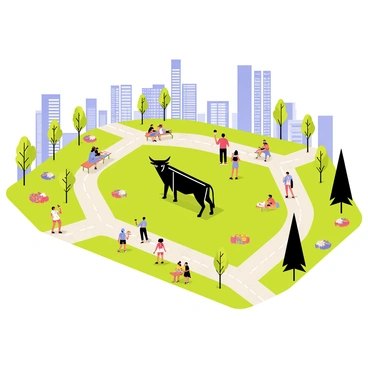 A modern urban park with a green grassy area and neatly paved walking paths. In the center, there is a contemporary sculpture of "Nandi," the bull, designed with sleek lines and a glossy finish. Surrounding the sculpture, groups of "city dwellers" are engaged in various activities. Some are sitting on benches, while others stroll along the paths or have picnics on the grass. Lush trees and colorful flowerbeds are scattered throughout the park, providing a vibrant atmosphere. Skyscrapers in the background frame the park, showcasing the urban setting.
