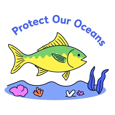 An illustration promoting ocean conservation featuring a vibrant mahi-mahi. The mahi-mahi has bright green and yellow scales, with long, flowing fins that add to its dynamic appearance. Below the mahi-mahi, there are gentle waves in shades of blue, creating a sense of movement. Surrounding the fish are small, colorful coral reefs and various sea plants, emphasizing the underwater environment. Included in the image are the words "Protect Our Oceans" in bold, clear typography, positioned near the top of the illustration.