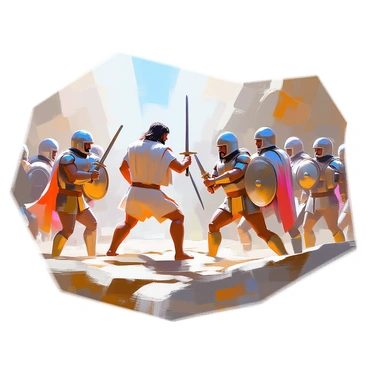 A tense confrontation is taking place between "Samson" and a group of "armed Philistines." Samson stands in the foreground, his powerful physique highlighted as he grips a large weapon. He has long hair and an intense expression, ready to face his opponents. The Philistines are positioned around him, brandishing swords and shields, their faces showing determination and aggression. The setting is a rocky terrain, adding to the intensity of the moment, with sparse vegetation in the background. The atmosphere is charged with anticipation as both sides prepare for the impending clash.