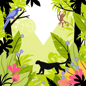 A jungle scene with animals and foliage glitching into digital patterns